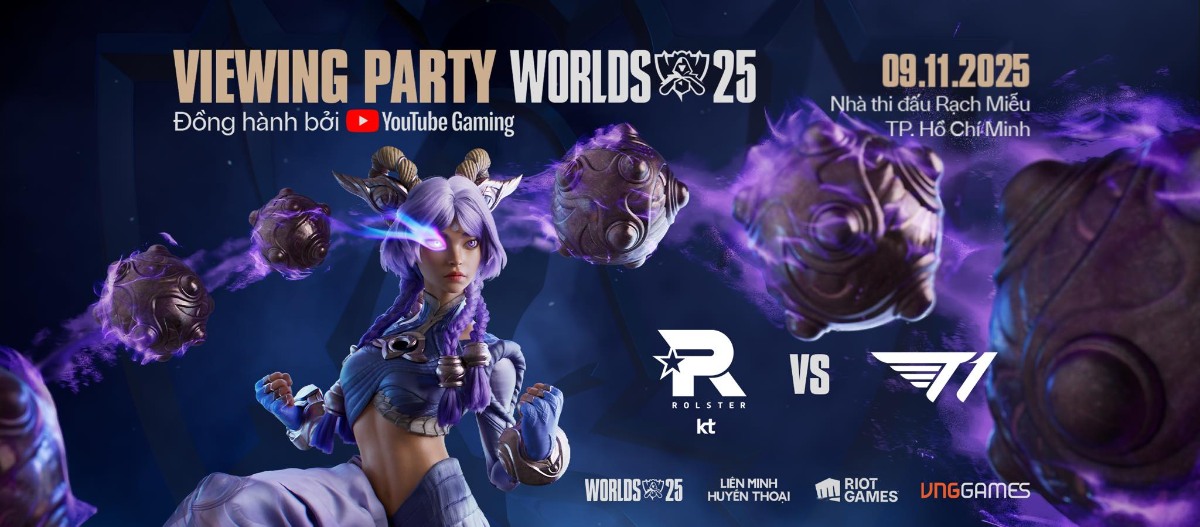 CKTG 2025: Fan LMHT cháy hết mình cùng T1 và KT tại nhà thi đấu Rạch Miễu